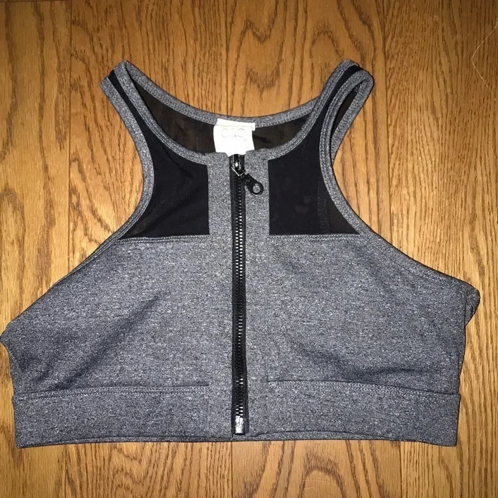 C&C California Women's Gray Black Zip Front Mesh‎ Sports Bra Size Small